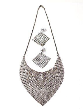 Silver liquid metal mesh bib necklace & earrings set